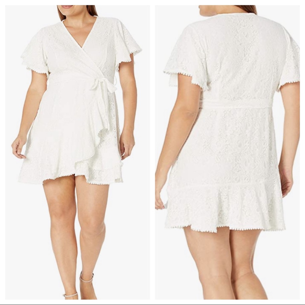 City Chic Wrap Dress with Lace Overlay and Tie Waist